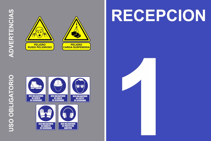 Letrero de identificación de área con advertencias y EPP